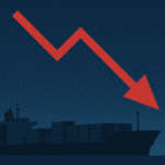 Silhouetted ship with a downward-pointing arrow representing industry trends and slowdown, illustrating the IMO’s Net Zero delay and its impact on the maritime sector.